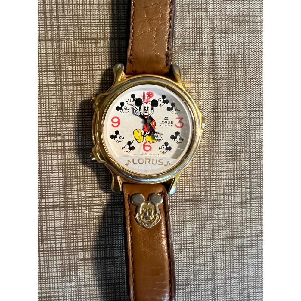 VTG Lorus Mickey Mouse Musical It's A Small World Watch Gold Tone Brown Leather
